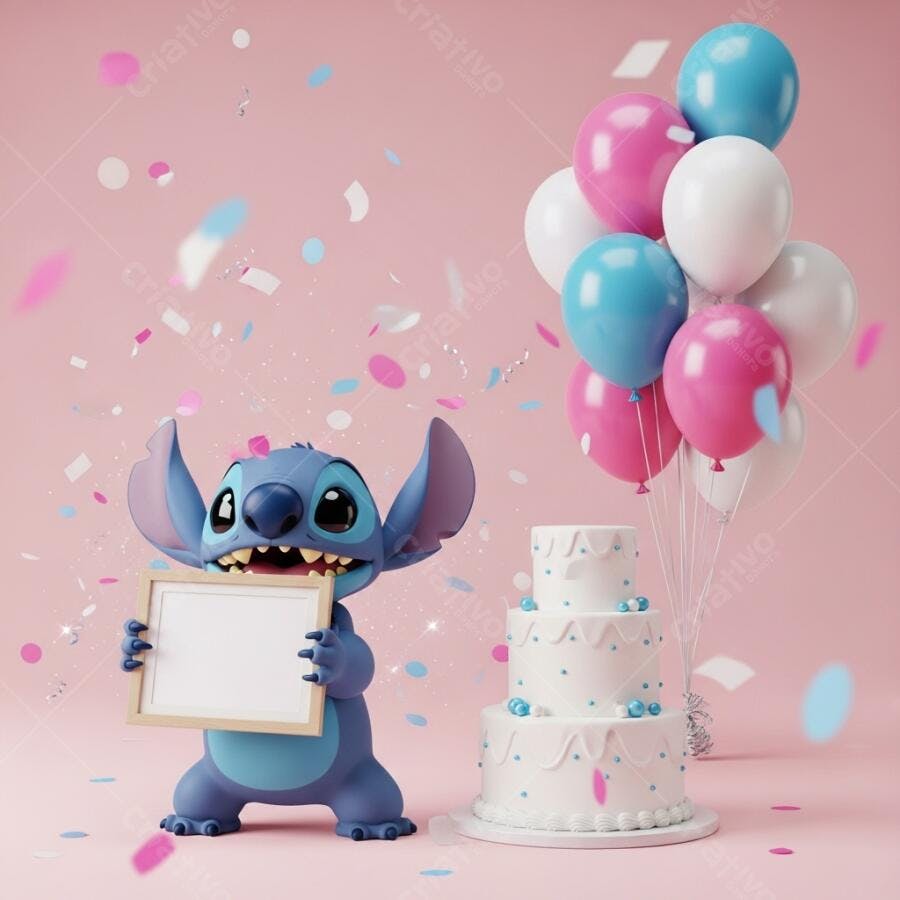 Stitch Segurando Placa em Festa de Aniversário Infantil