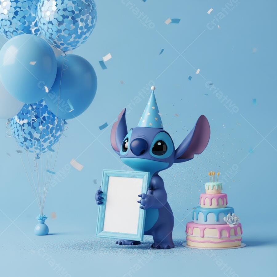 Stitch Festa Aniversário Balões Confetes Bolo Azul