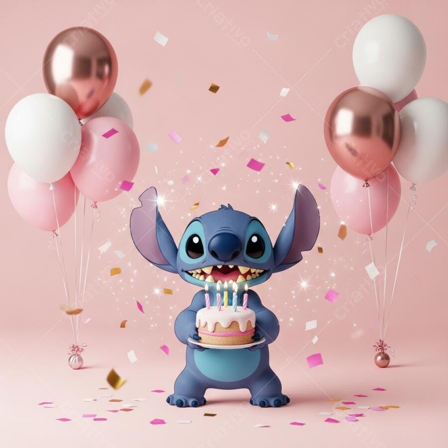 Stitch Segurando Bolo Aniversário Balões Rosa Fundo Rosa