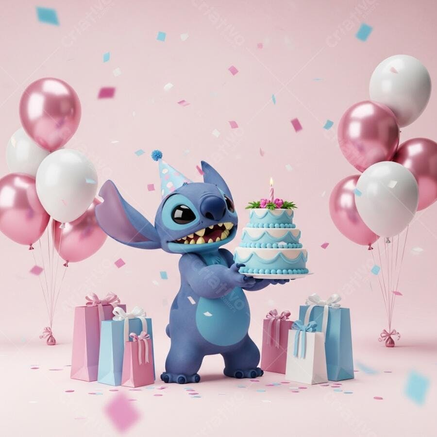 Foto Stitch Aniversário Bolo Balões Confetes Rosa