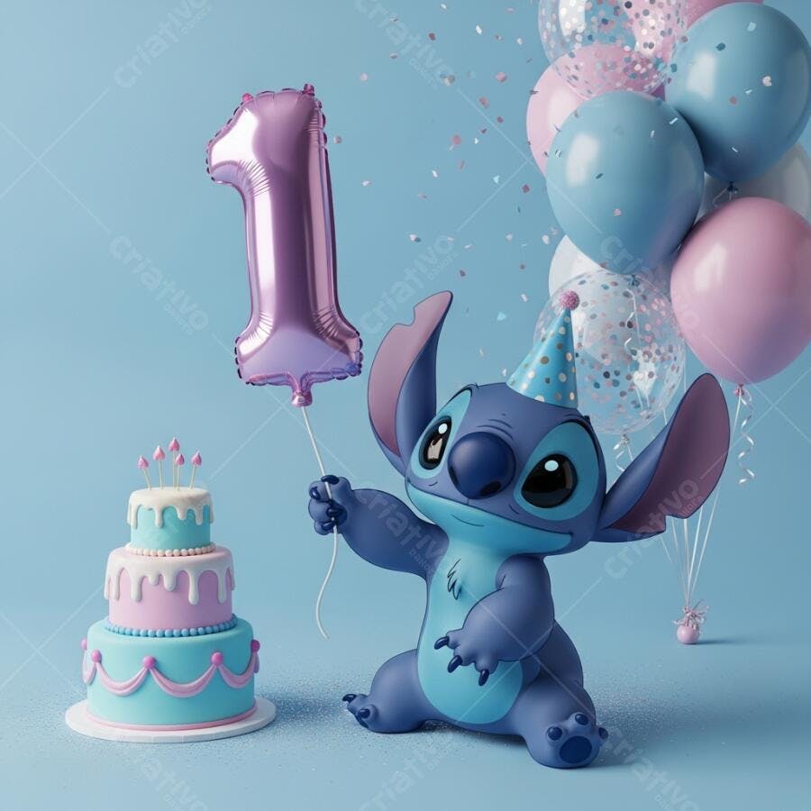 Foto Stitch Aniversário 1 Ano Balões Bolo Infantil