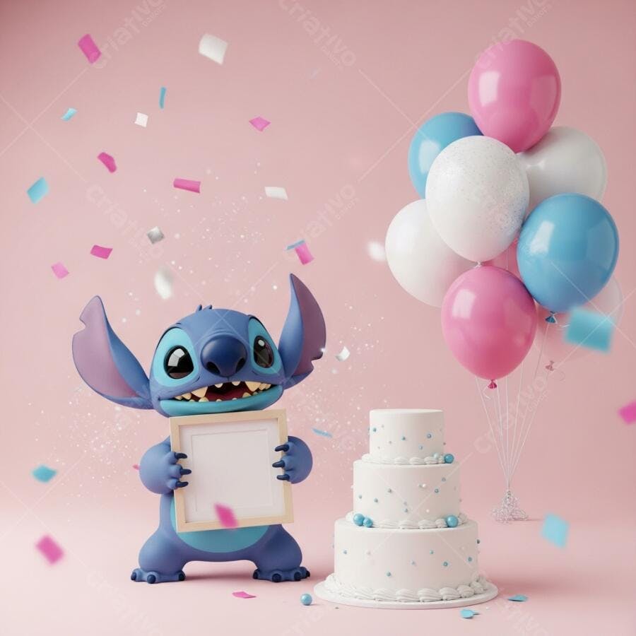 Foto Stitch Aniversário Bolo Balões Confetes Rosa