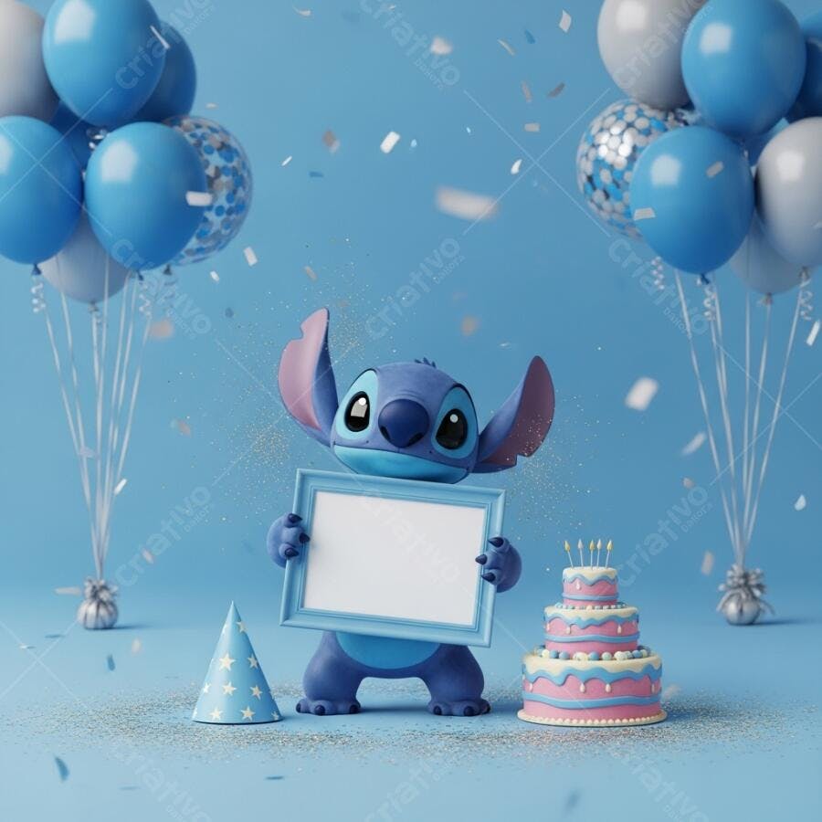 Foto Stitch Segurando Quadro Branco Aniversário Infantil