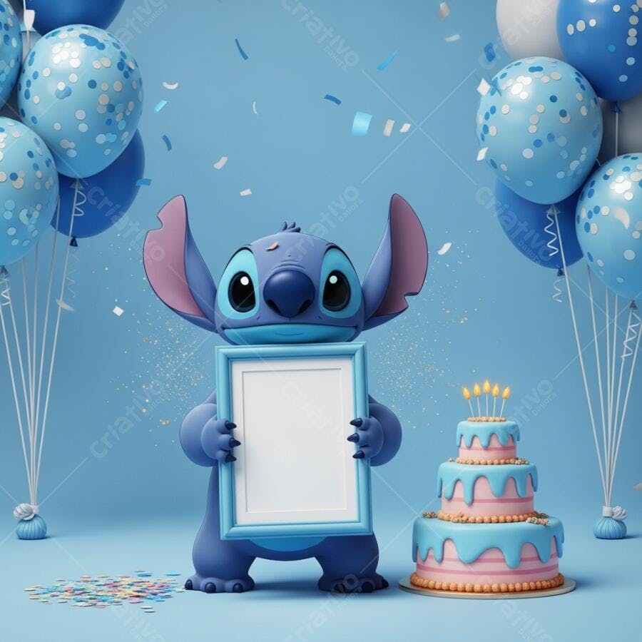 Foto Stitch Aniversário Segurando Porta Retrato Azul