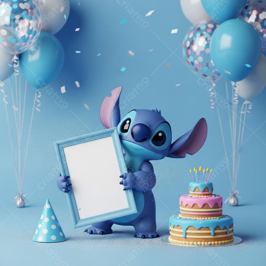 Foto Stitch Segurando Quadro Branco Aniversário Infantil