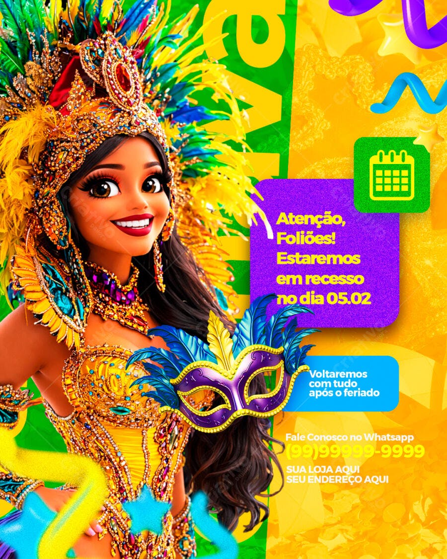 Post Instagram Carnaval Recesso Fevereiro PSD Editável