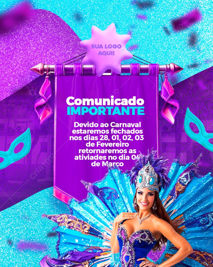 Post Instagram Carnaval Comunicado Fevereiro PSD Editável