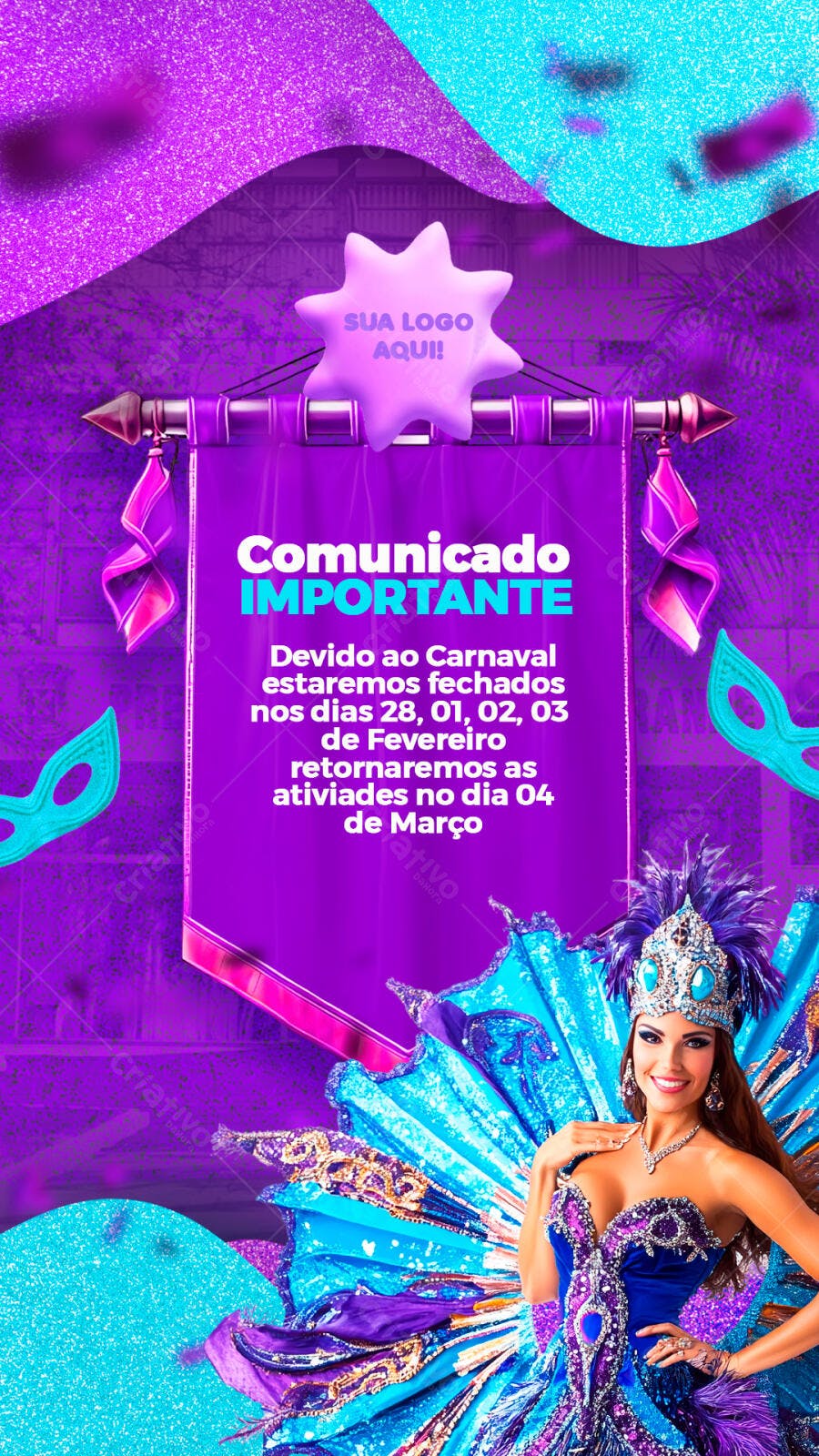 Story Instagram Comunicado Carnaval Fevereiro PSD Editável