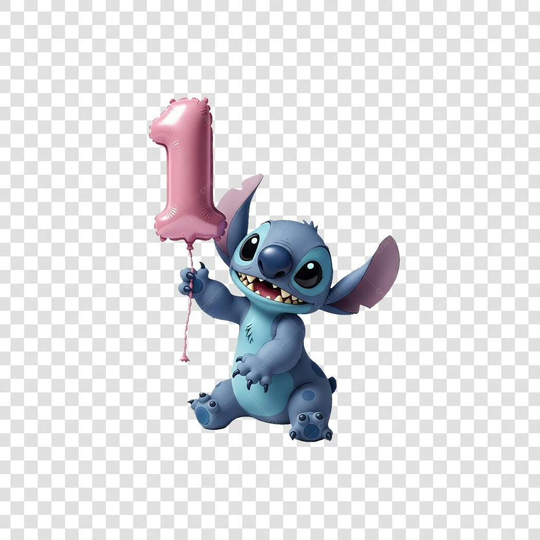 Personagem Ilustrado Stitch 1 Ano Balão Rosa PNG Fundo Transparente