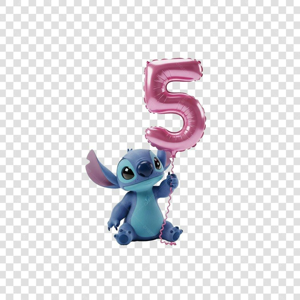 Personagem Ilustrado Stitch Balão Número 5 Rosa PNG Fundo Transparente