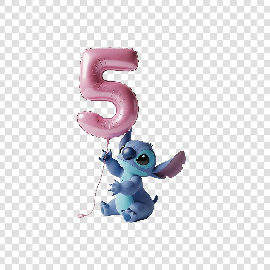 Personagem Ilustrado Stitch Balão Número 5 Rosa PNG Fundo Transparente
