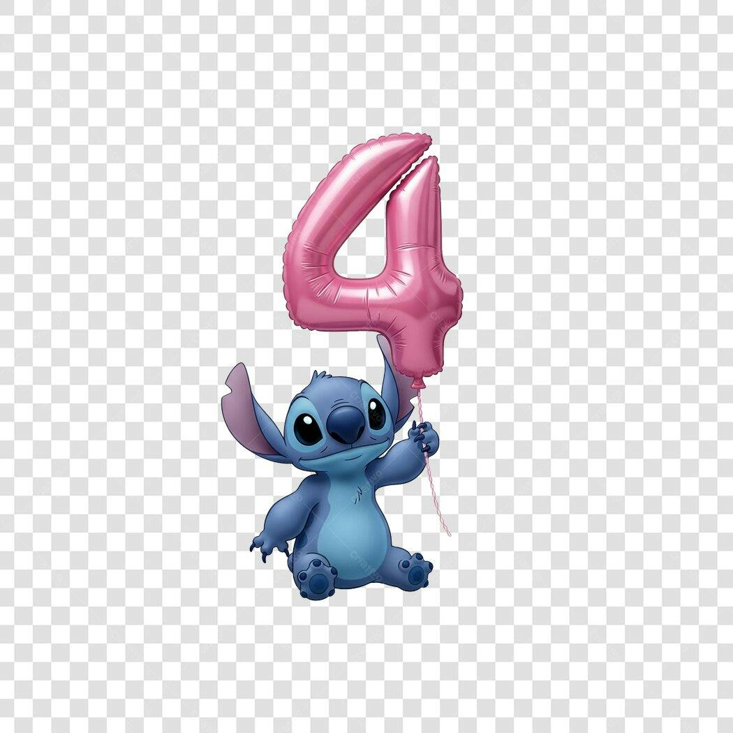 Personagem Ilustrado Stitch Balão Número 4 Rosa PNG Fundo Transparente
