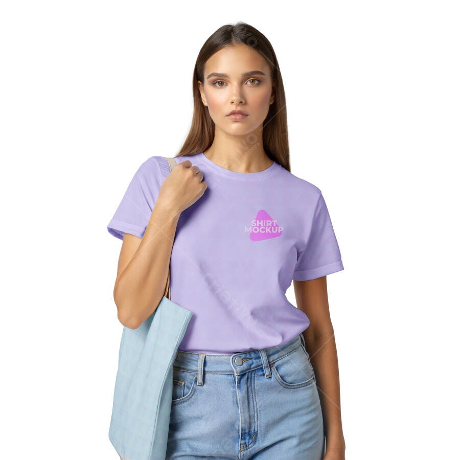 Mockup Camiseta Feminina Roxo Lavanda Fundo Branco Editável