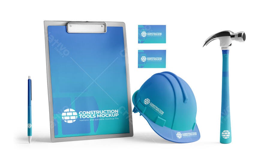 Mockup Ferramentas Construção Capacete Martelo Cartão Editável