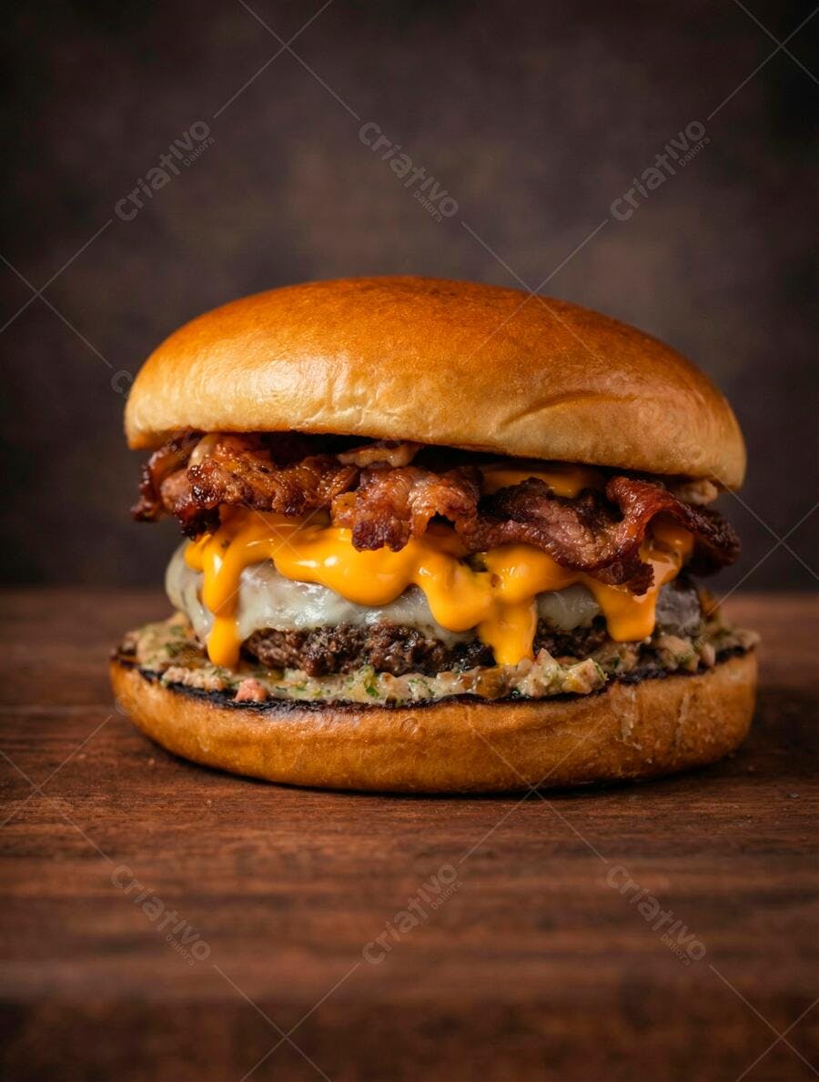 Foto Hambúrguer Artesanal Bacon Queijo Cheddar Mesa Madeira