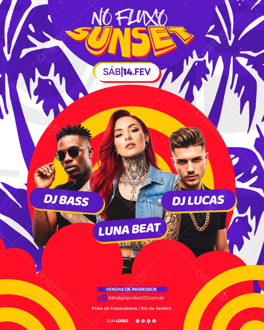 Flyer Festa Sunset No Fluxo 14 de Fevereiro PSD Editável