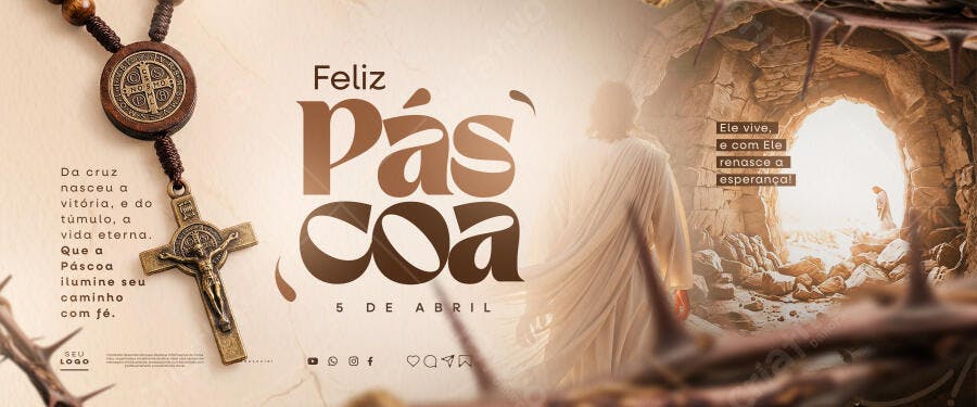 Banner Feliz Páscoa 8 de Abril Religioso PSD Editável