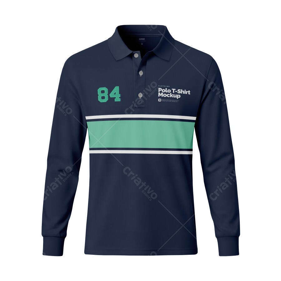 Mockup Camisa Polo Manga Longa Azul Marinho Frente Editável