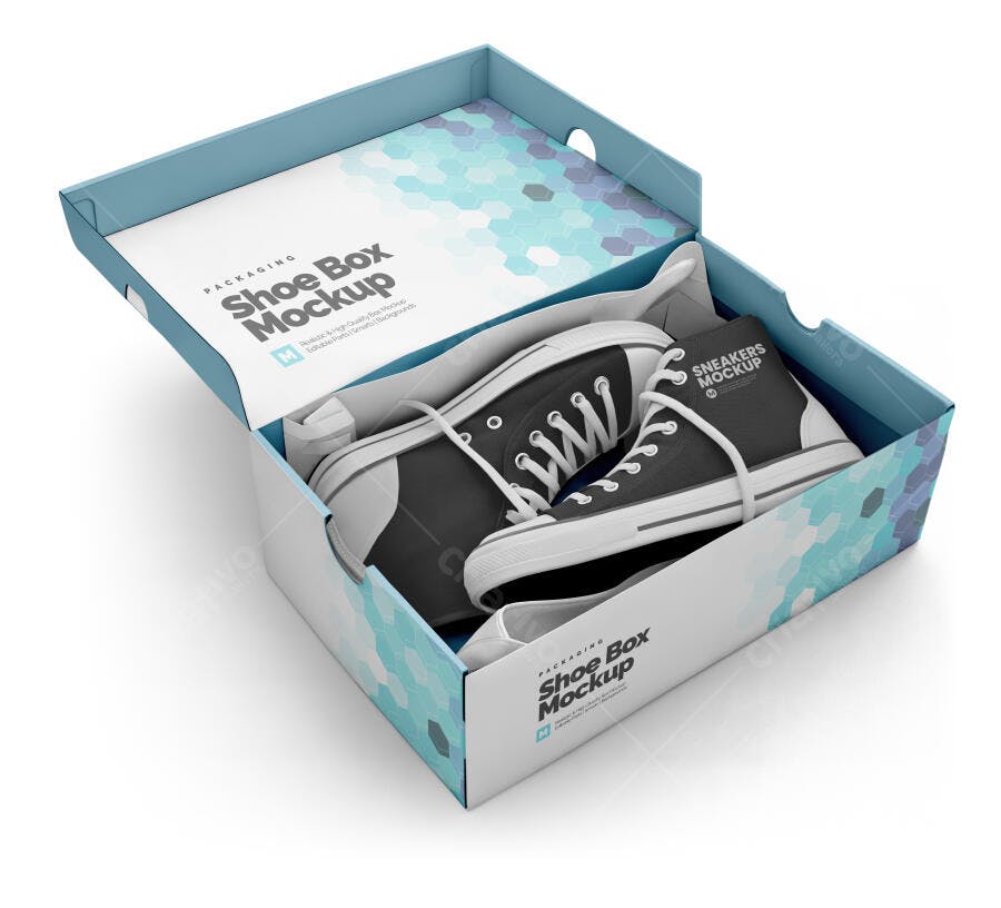 Mockup Caixa de Tênis Aberta com Sapatos Fundo Branco Editável