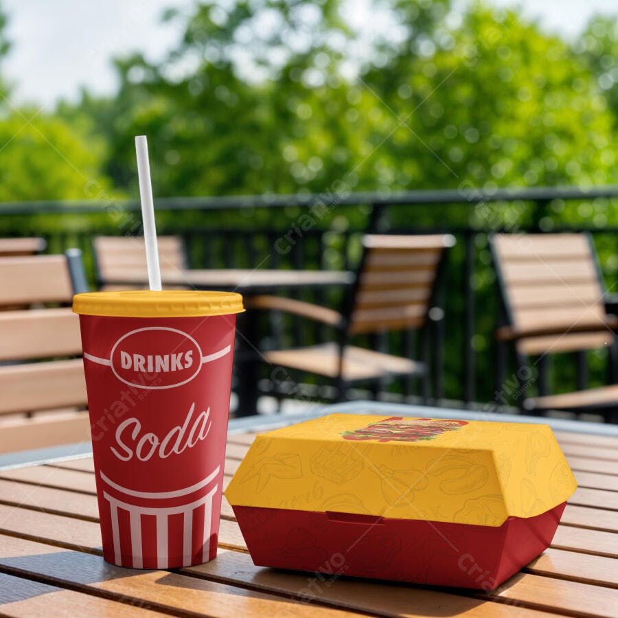 Mockup Copo Refrigerante e Embalagem Fast Food Mesa Editável