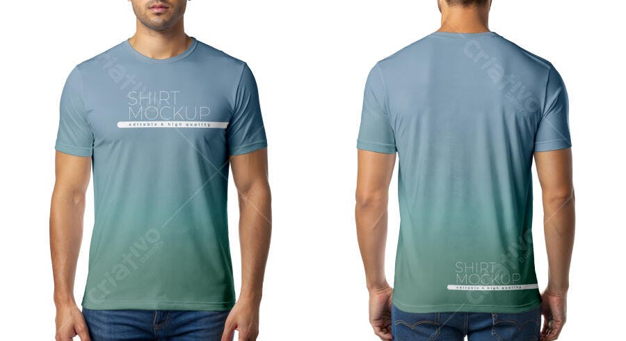 Mockup Camiseta Masculina Frente e Verso Fundo Branco Editável