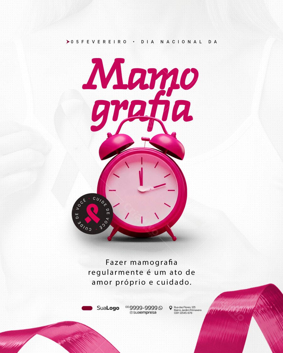 Post Instagram Dia Nacional Mamografia Fevereiro PSD Editável