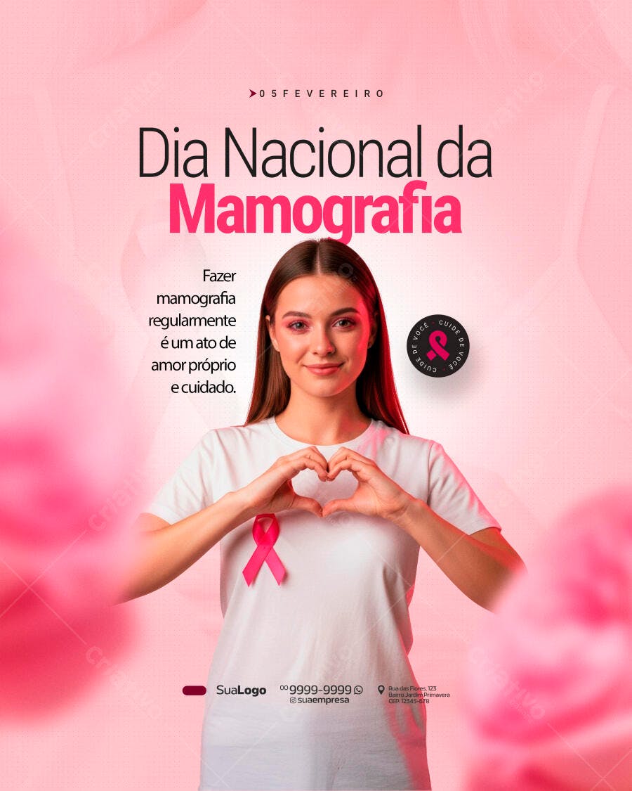 Post Instagram Dia Nacional Mamografia Fevereiro PSD Editável
