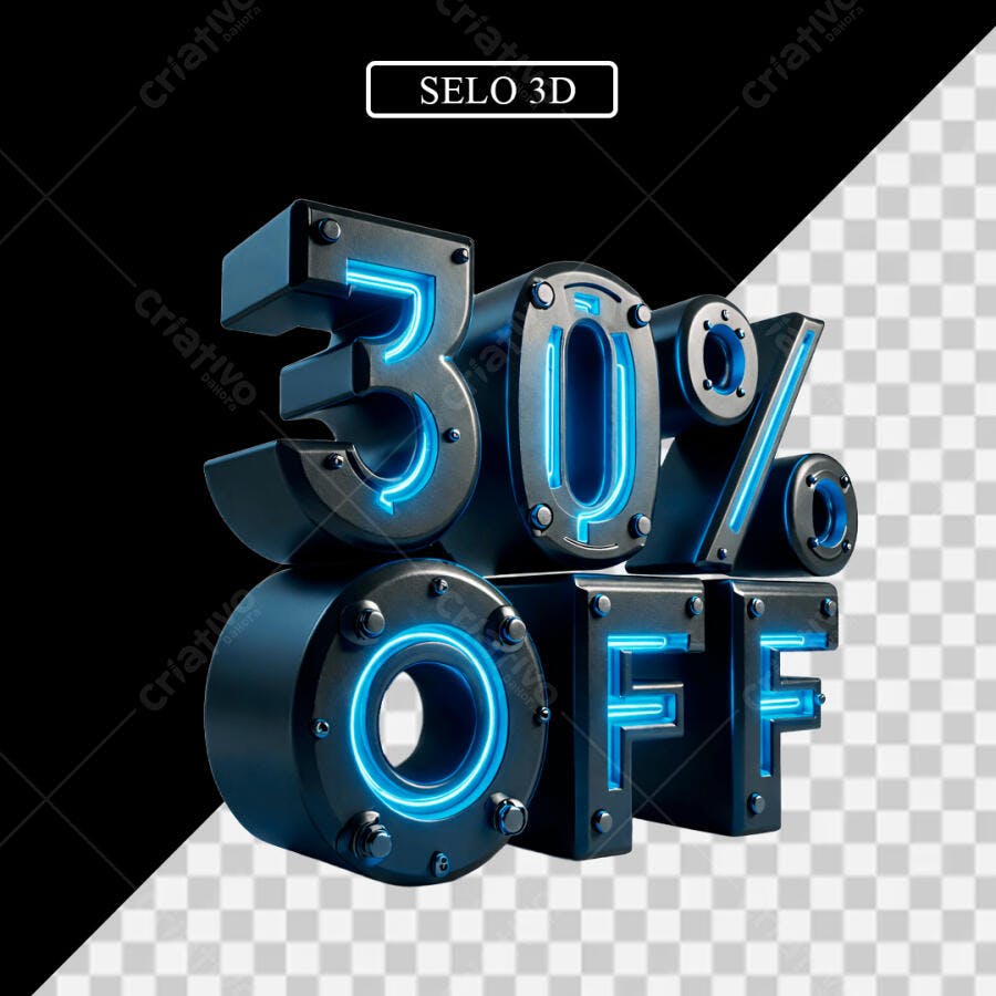 Elemento 3D 30% OFF Desconto Neon Azul PNG Fundo Transparente