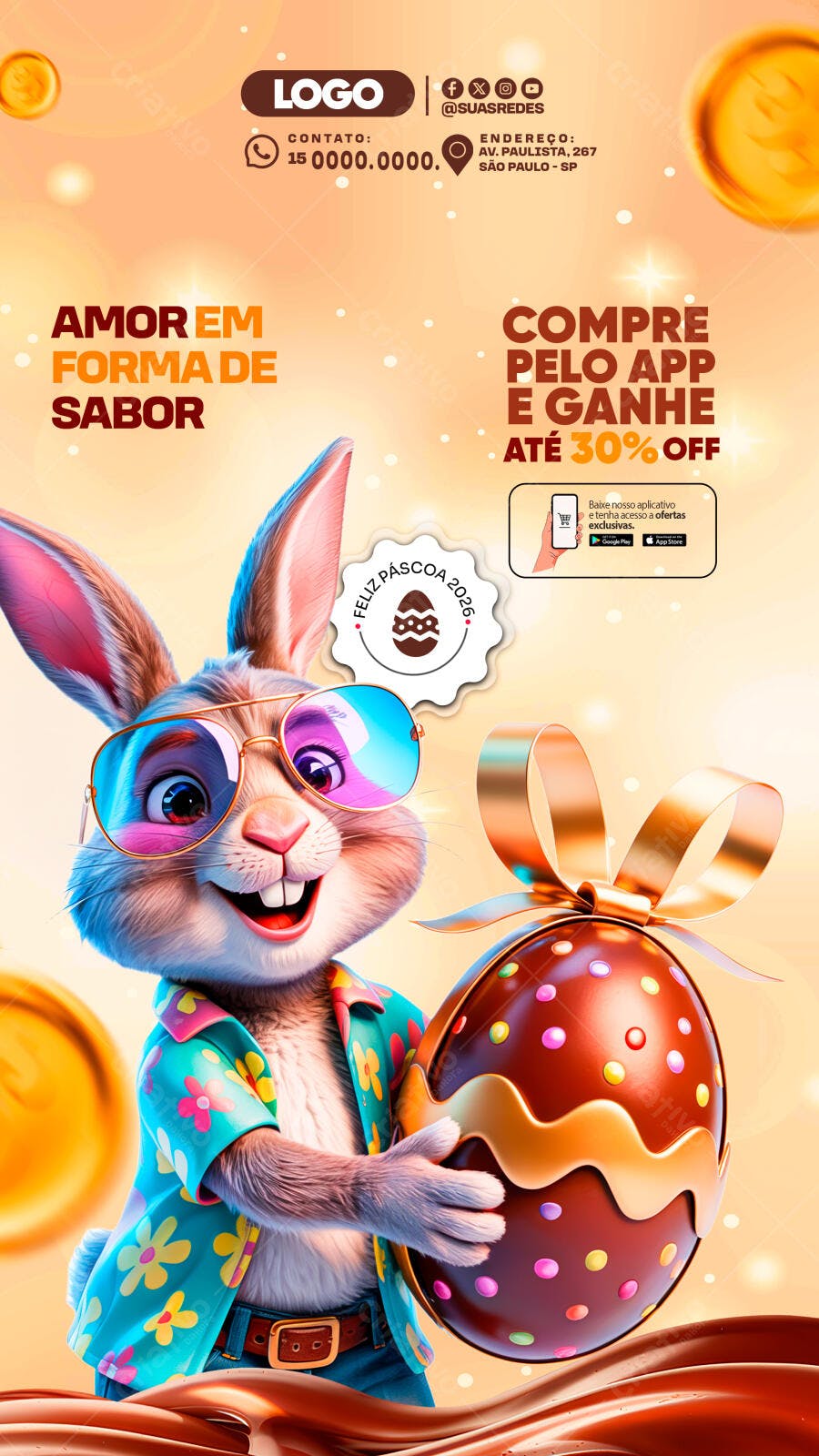 Post Páscoa 2024 Coelho Óculos Chocolate PSD Editável