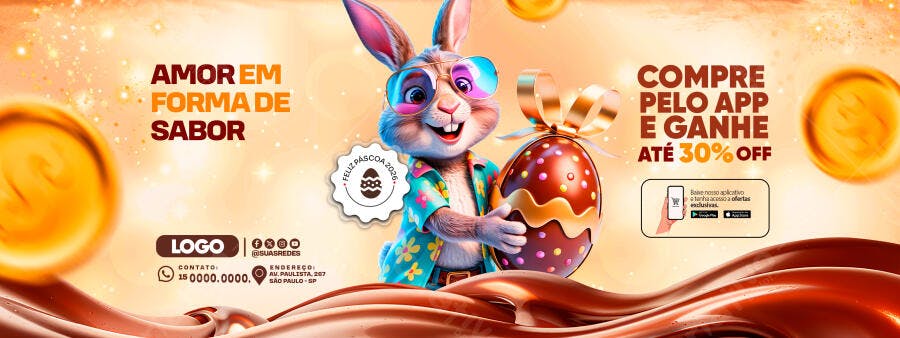 Banner Páscoa Coelho Chocolate Oferta PSD Editável