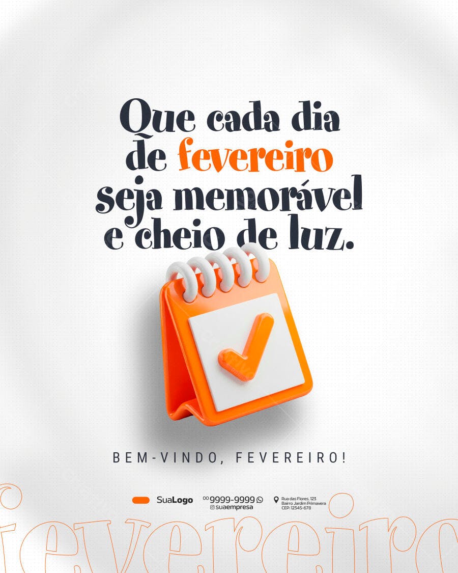 Post Instagram Bem-Vindo Fevereiro Calendário PSD Editável