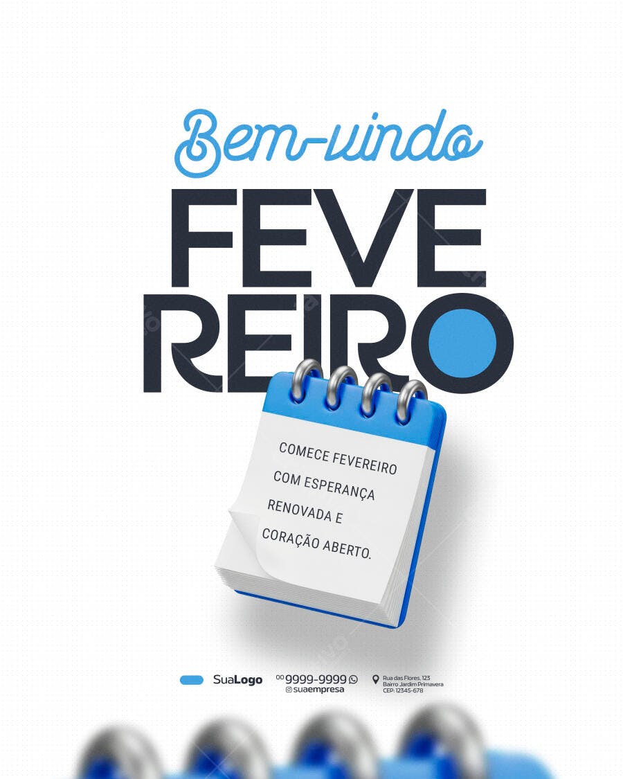 Post Instagram Bem-vindo Fevereiro Calendário PSD Editável