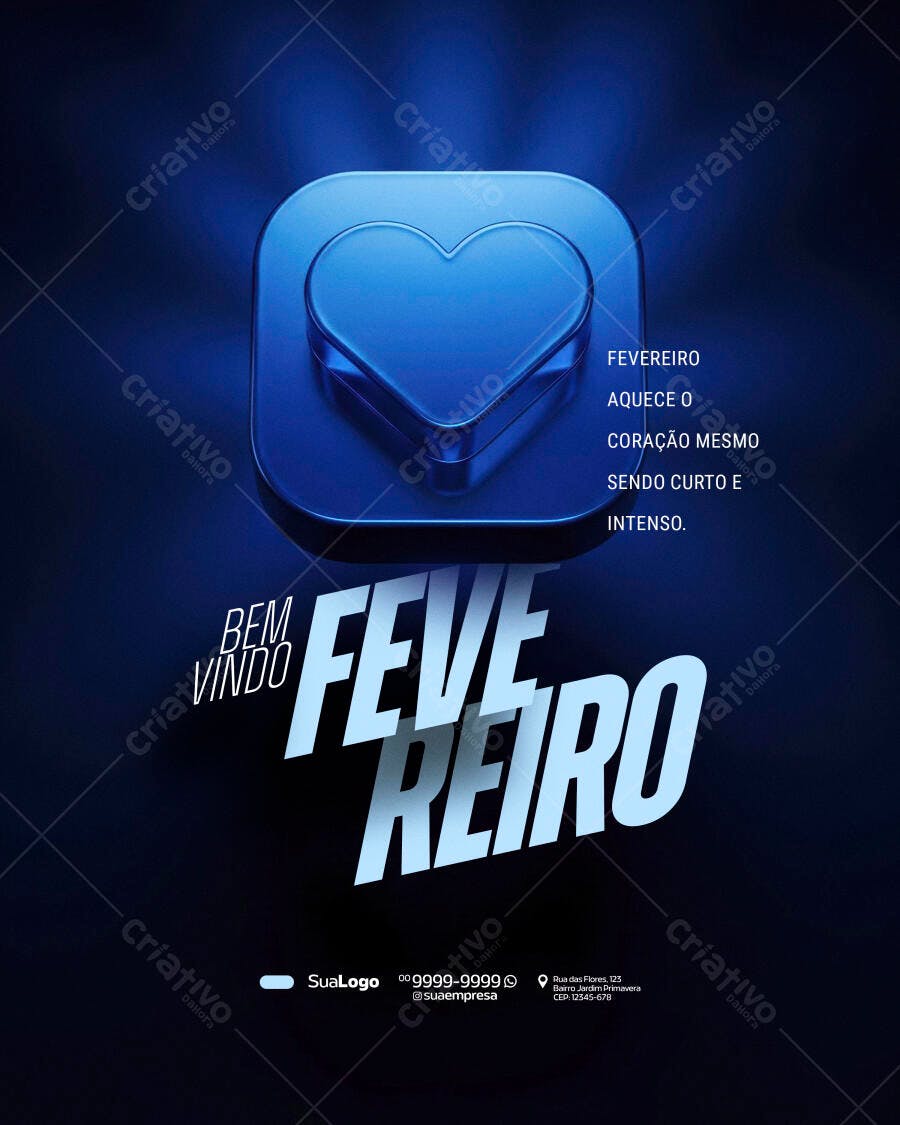 Post Instagram Bem-Vindo Fevereiro Coração PSD Editável