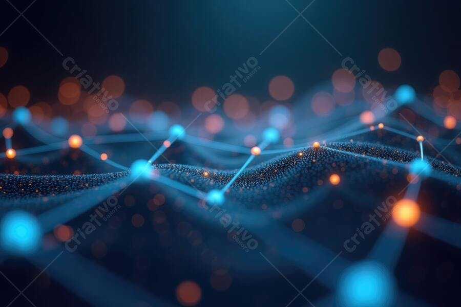 Foto Abstrata Rede Conectada Pontos Azuis e Laranjas Tecnologia