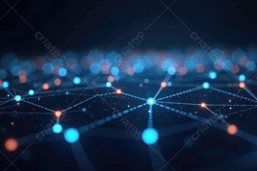 Foto Abstrata Rede Conectada Pontos de Luz Azul Laranja