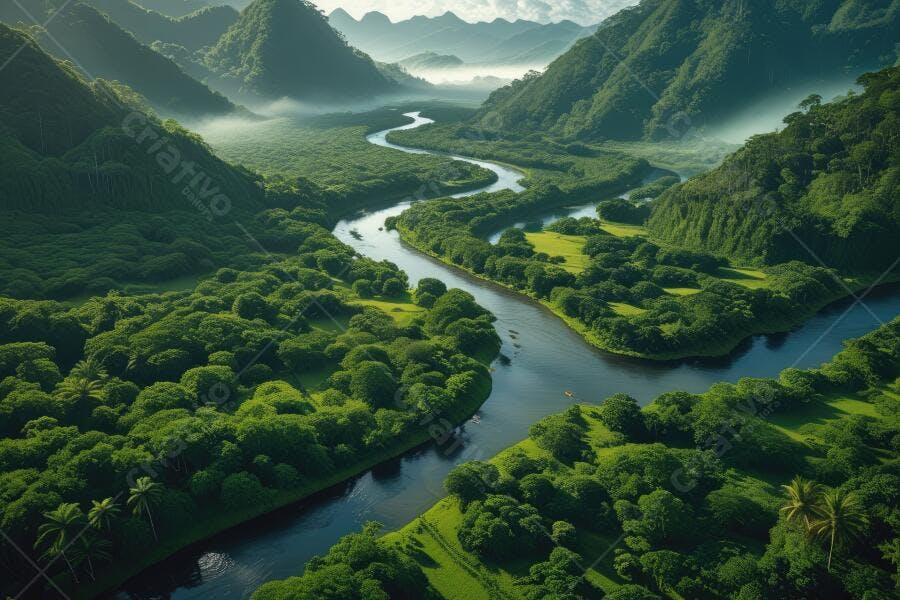 Foto Aérea Rio Serpentino Vale Montanhas Verdes Floresta Tropical