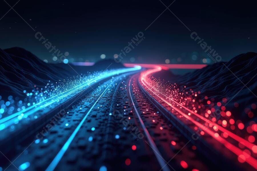 Foto Estrada Digital Luzes Neon Azul Vermelho Tecnologia