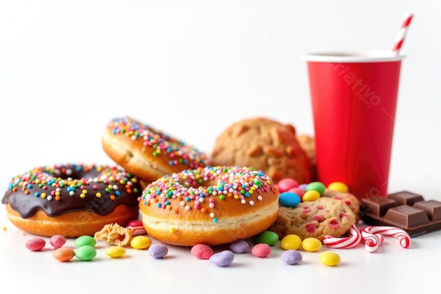 Foto Doces Donuts Coloridos Refrigerante Fundo Branco