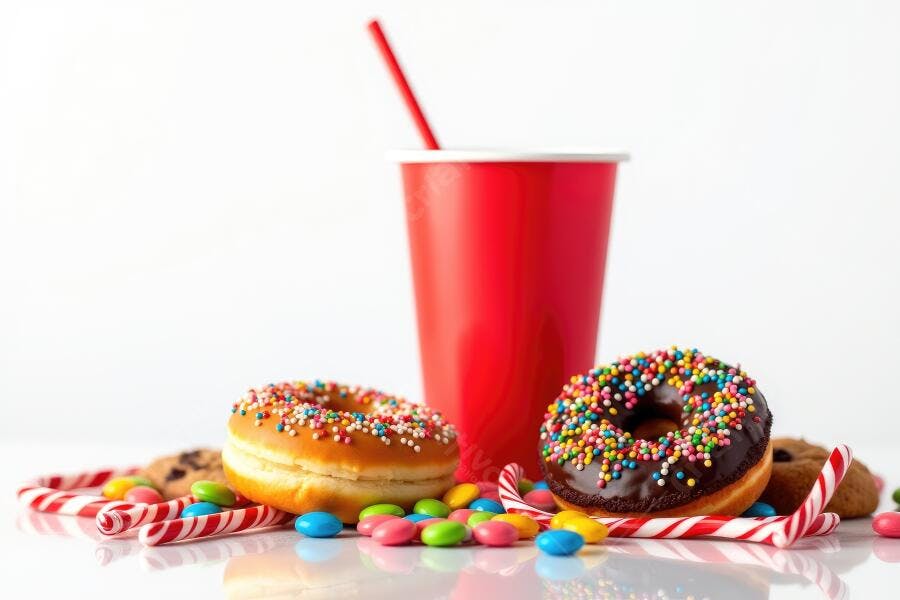 Foto Doces Donuts Refrigerante Fundo Branco Estúdio