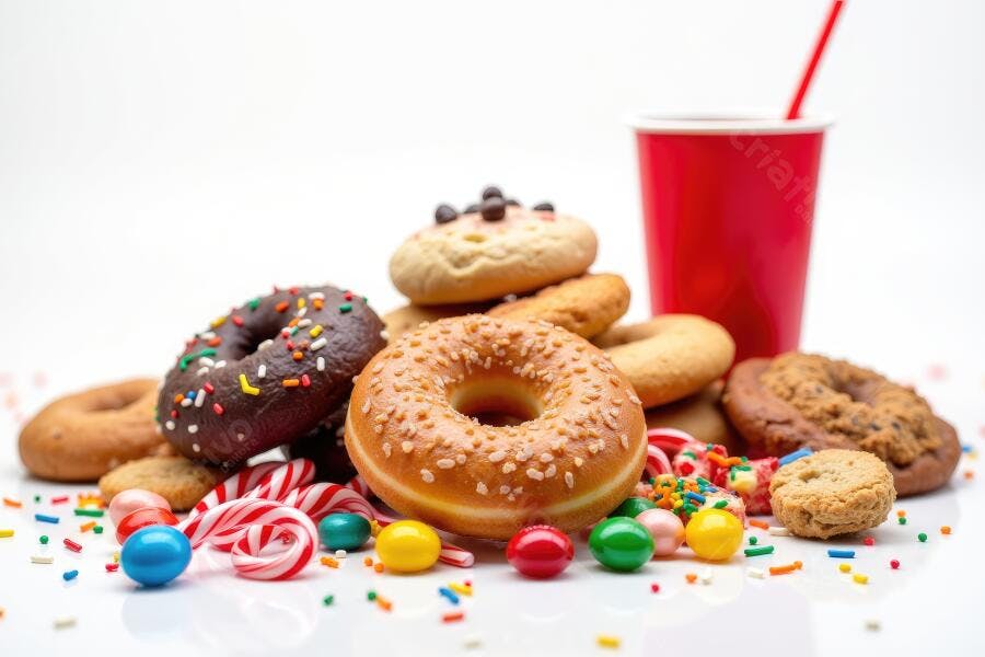 Foto Doces Donuts Variados com Balas e Refrigerante