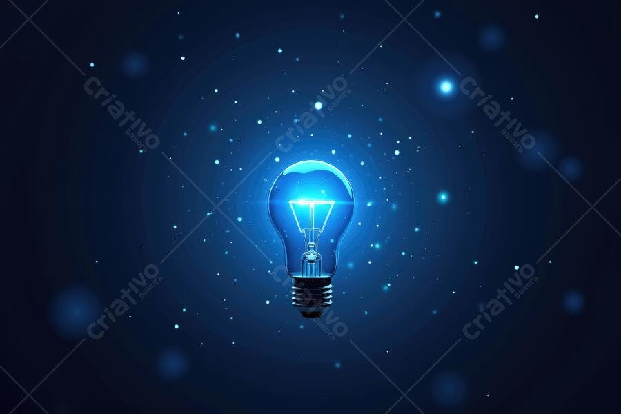 Lâmpada Acesa Brilhando Ideia Criativa Fundo Azul Escuro
