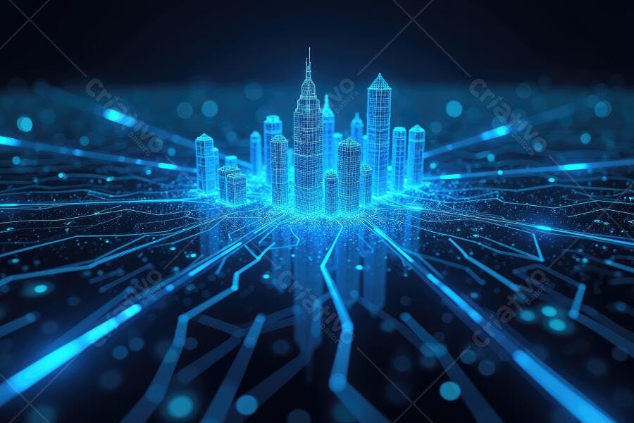 Cidade Digital Futurista Luzes Azuis Conectividade Rede