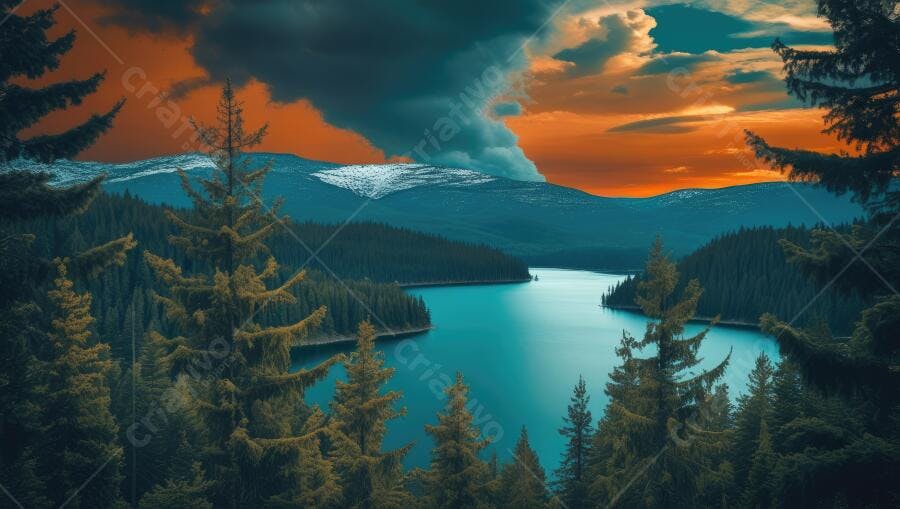 Foto Paisagem Lago Montanhas Floresta Pôr do Sol Dramático