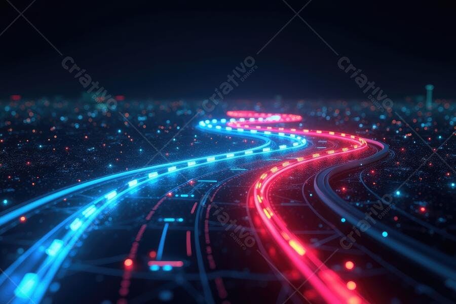 Foto Estrada Digital Luzes Neon Azuis e Vermelhas Tecnologia