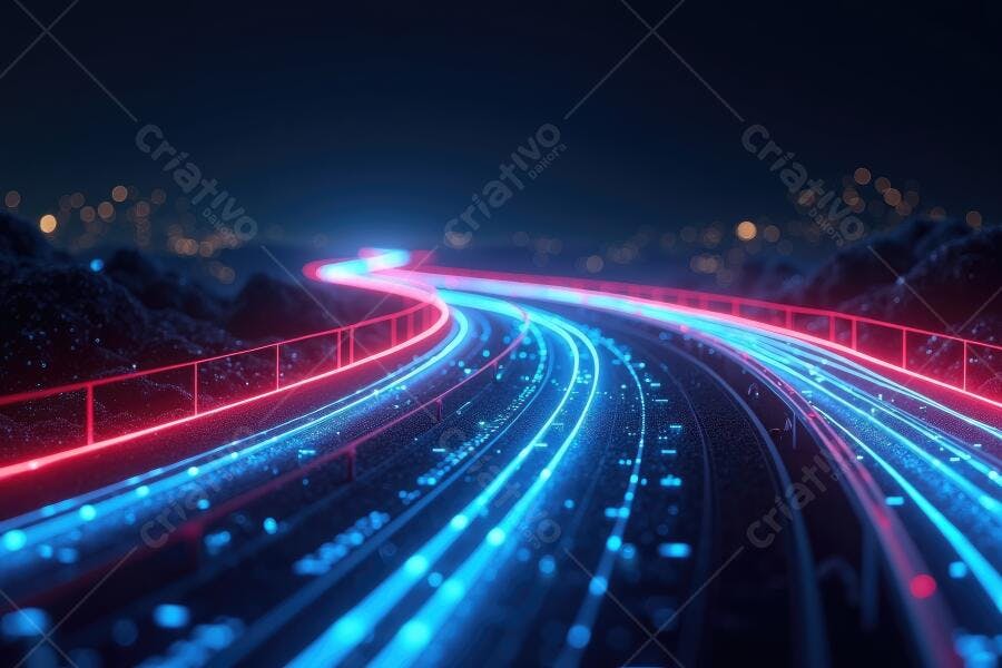 Foto Estrada Digital Luzes Neon Azul Vermelho Noturno