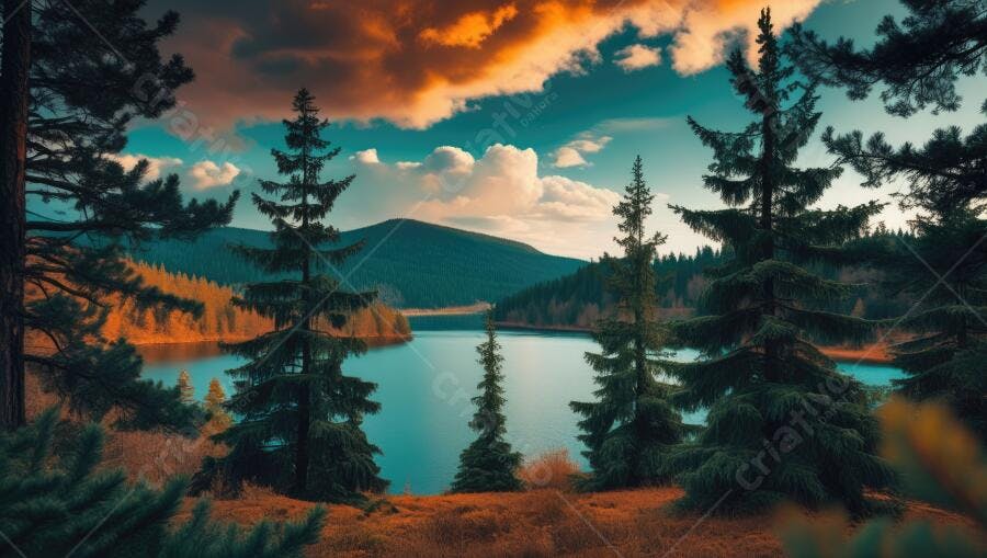 Foto Paisagem Lago Montanhas Floresta Pôr do Sol Céu Laranja