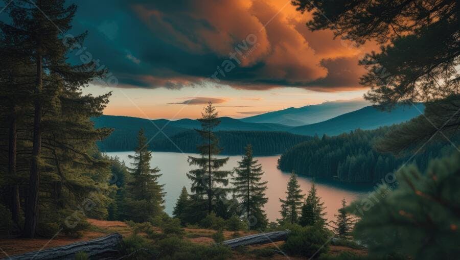 Foto Paisagem Lago Montanhas Floresta Pôr do Sol Dourado