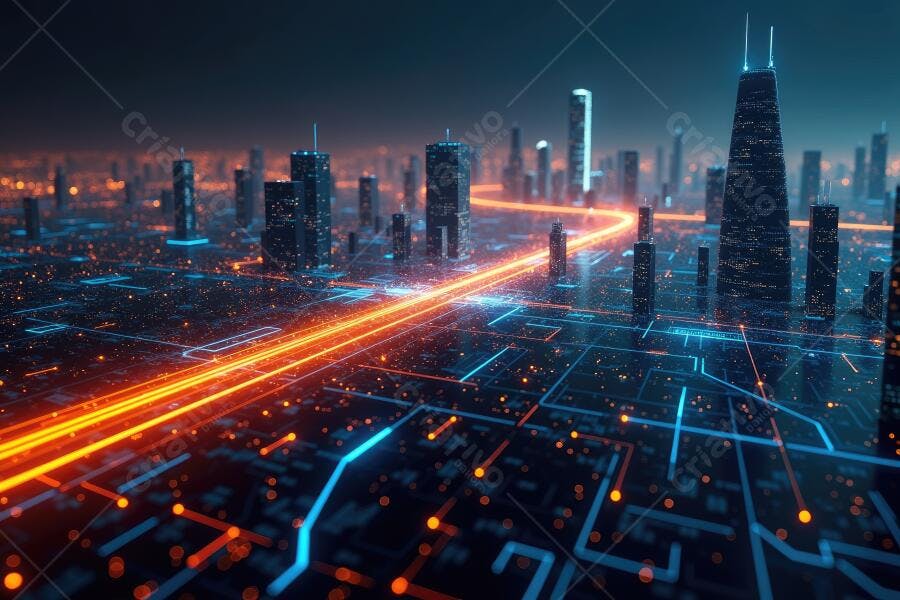 Foto Cidade Tecnológica Luzes Digitais Conexão Rede Global