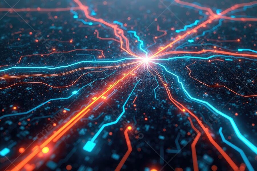 Foto Abstrata Placa de Circuito com Luzes Neon Azul Laranja