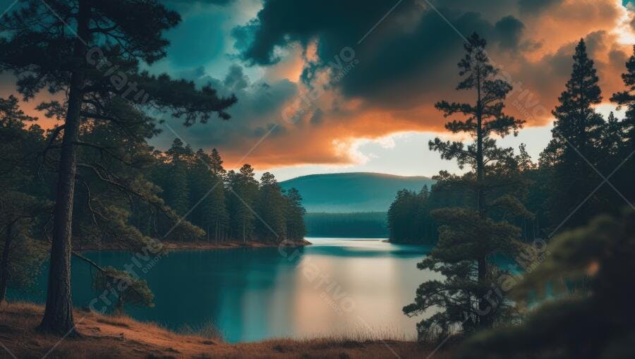 Foto Paisagem Lago Floresta Pôr do Sol Céu Nublado